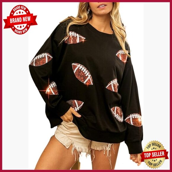 Tops - Loose Fit Football Sequin Sweatshirt Long Sleeve Pullover Casual Gameday Top